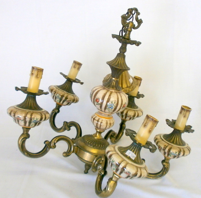 A brass and ceramic 5 arm chandelier