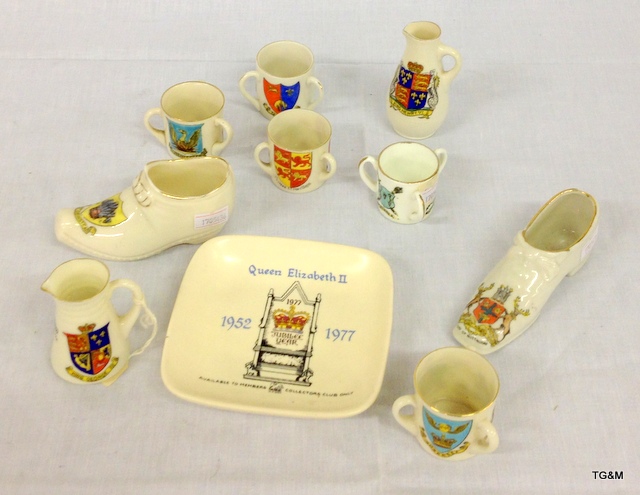 Ten crested china models of loving cups, shoes and an ashtray