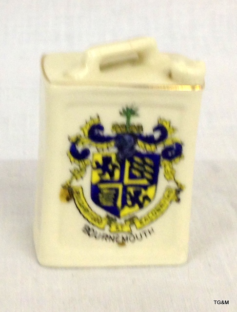 An Arcardian crested china model of a petrol can, with Bournemouth crest