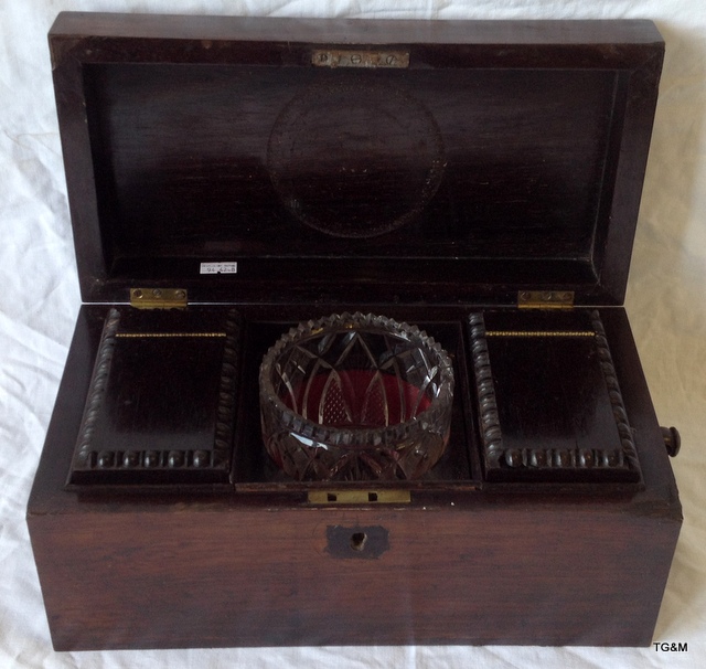 Rosewood tea caddy with two compartments and glass bowl