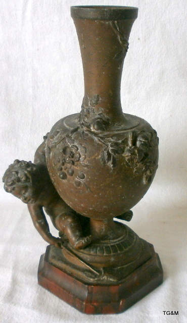 An original French bronze vase by Auguste Moreau signed on orange marbled base