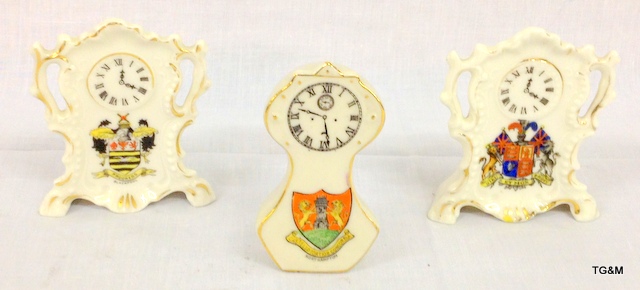 Three crested china models of clocks