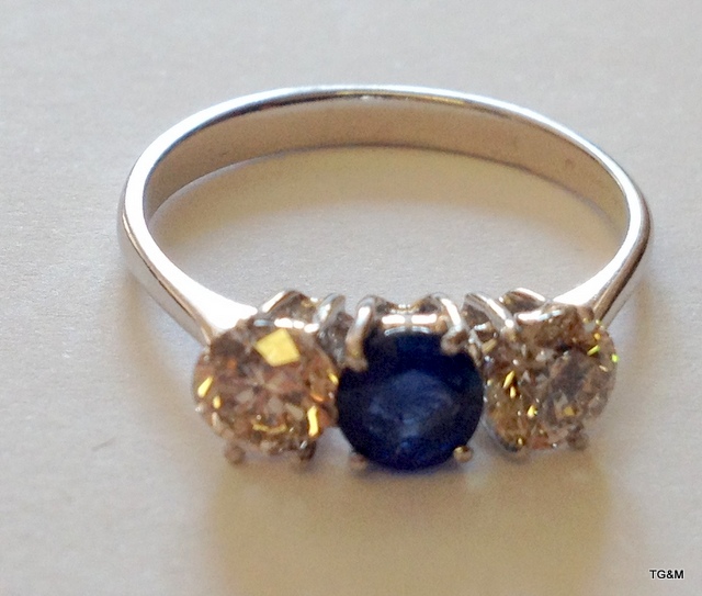 18ct white gold three stone Ceylon sapphire and diamond ring