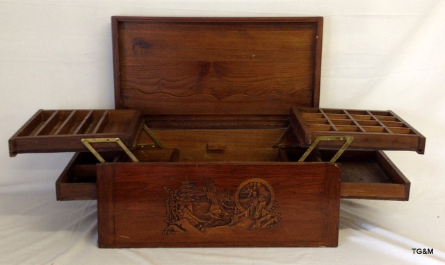 Oriental, camper wood, carved sewing/storage box