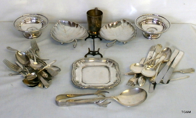 Quantity of silver and silver plate. Two walker and Hall bon bon dishes, dish, mixed lot of cutlery