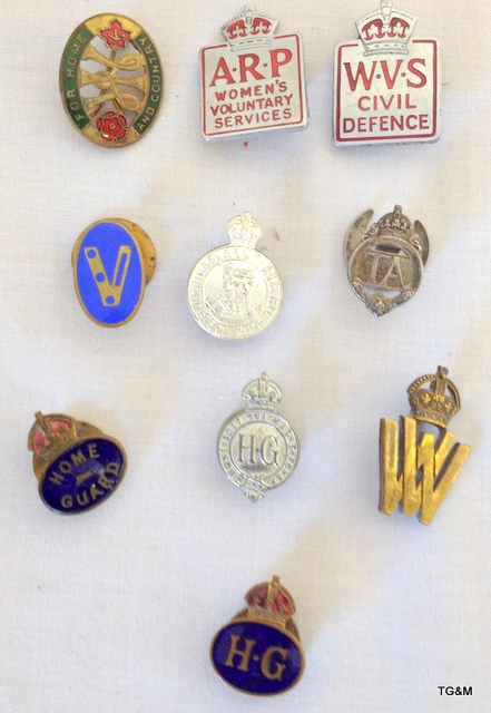 Ten assorted WW2 Home Guard & Home Front lapel badges