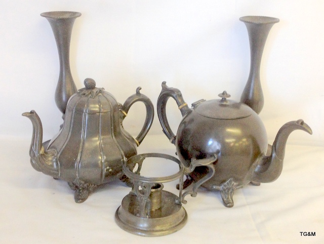 Pewter candle sticks, candle holder and two tea pots