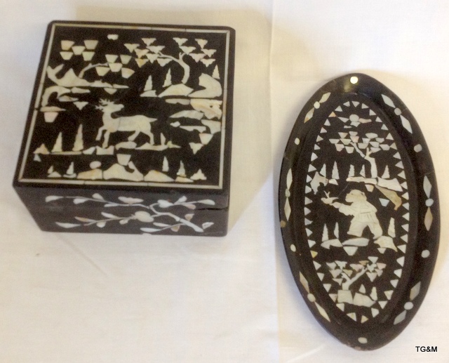 An oriental Mother of Pearl inlaid box and tray