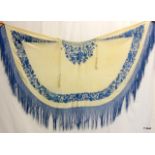 A Chinese silk white & blue embroidered shawl