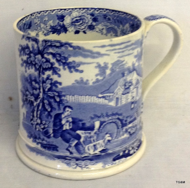 A Staffordshire Victorian Cider mug with blue and white transfer decoration c1860