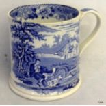 A Staffordshire Victorian Cider mug with blue and white transfer decoration c1860