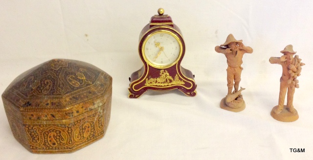 A mixed lot including clock, 2 pottery figures and an Indian box - Image 2 of 2