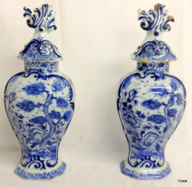 Pair of C18th Dutch Delft vases with ornate flame finial lids. 38cm high. - Image 2 of 2