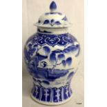 C19th Chinese blue and white jar and cover with 4 character mark to the underside.  26cm high.