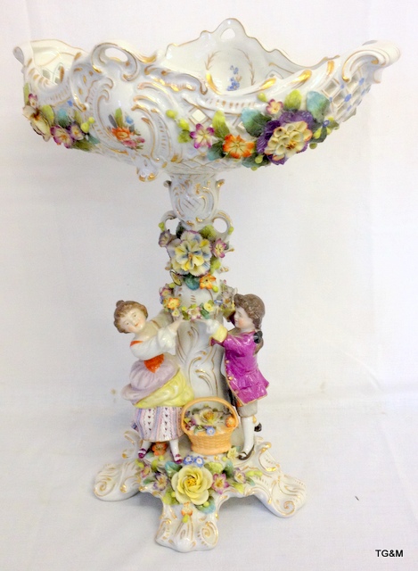 A Large Naples Porcelain centre piece 38cm high hand painted with a couple holding a flower garland - Image 2 of 2