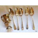 Georgian silver serving spoons and silver trophy cup, total weight 468gms