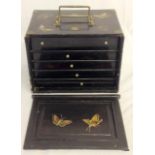 Chinese lacquer mah-jong cabinet with slide front, and 5 drawers with butterfly decoration