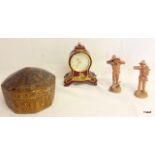 A mixed lot including clock, 2 pottery figures and an Indian box