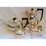 A 4 piece silver tea set and sugar tongs, hallmarked Birmingham 1937, maker B.B. Ltd total weight