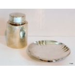 A silver pin tray and silver lidded pot, 170gms total weight