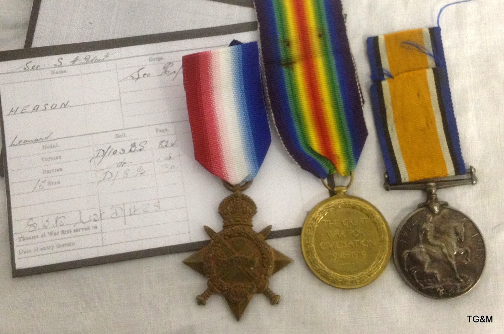 A 1915 Star medal trio to 19796 Private Heason of the Scottish Rifles with copies of his Medal Index