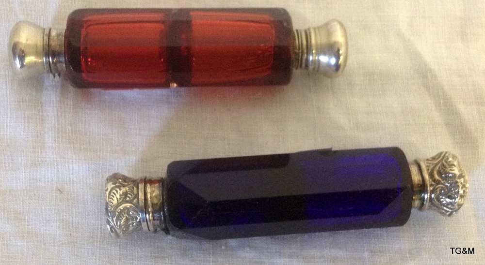 Two Victorian double ended scent bottles, one red, one blue