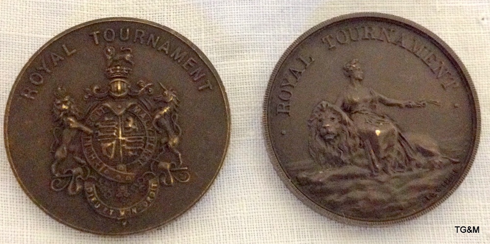 Two bronze Royal Tournament medallions engraved to the 1921 and 1924 London Territorial Tournament