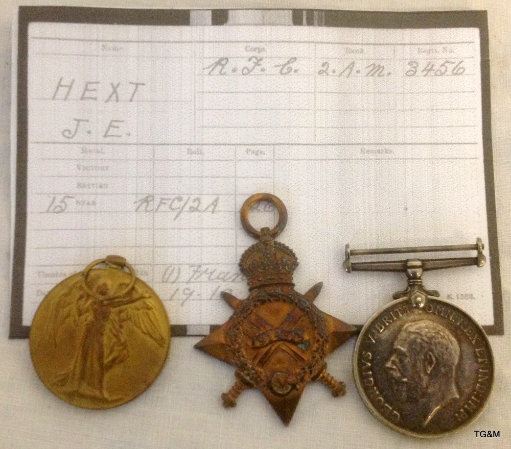 A rare WW1 Royal Flying Corps Medal trio to 3456 Sergeant J.E. Hext with a copy of his Medal Index