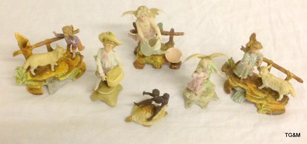 Six small Victorian bisque figures