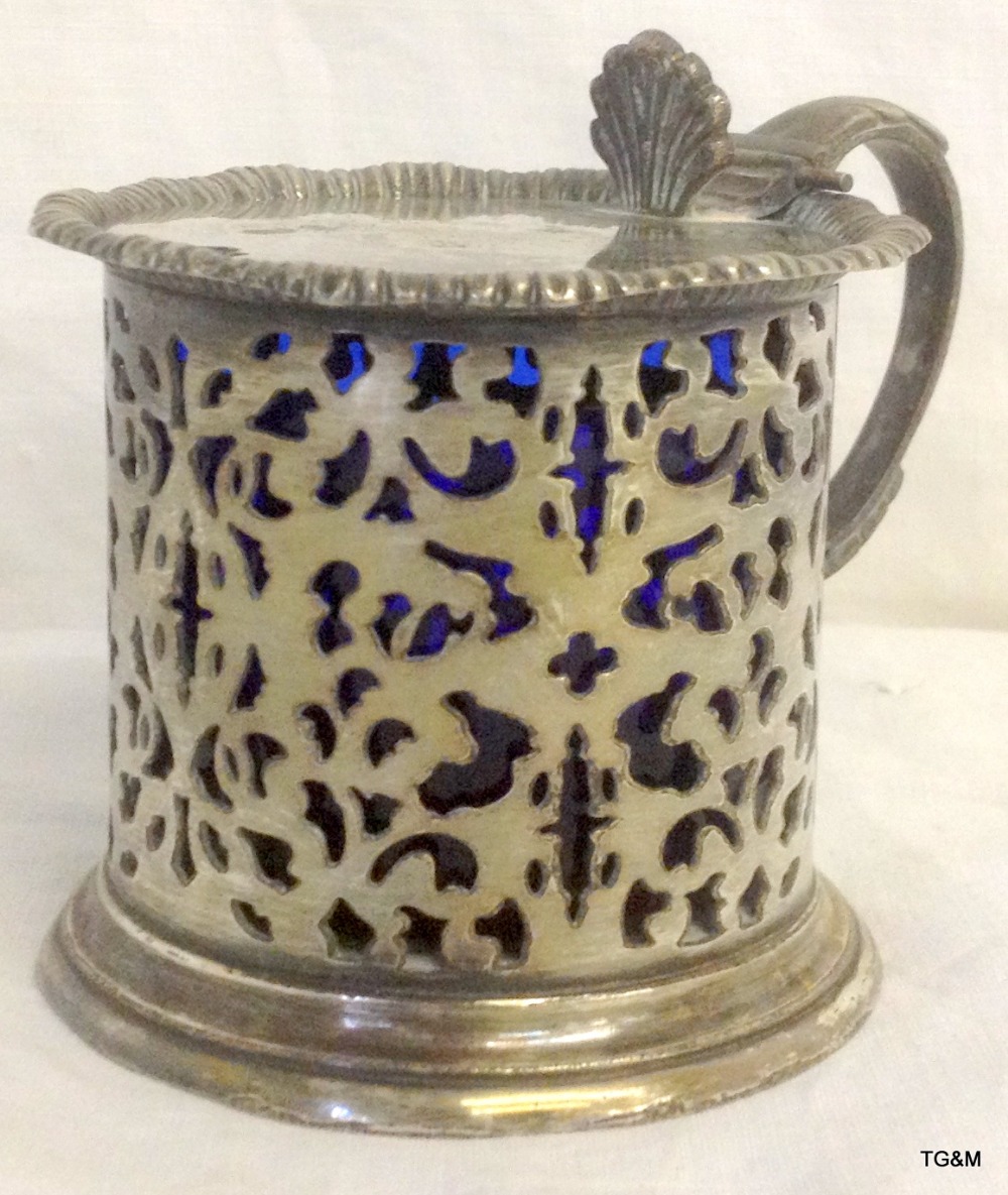 Silver lidded mustard pot with blue glass liner