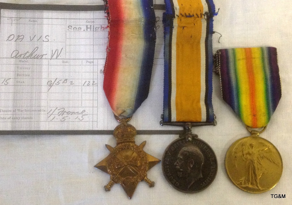 A 1915 Star medal trio to Private A.W. Davis of the Seaforth Highlanders with a copy of his Medal