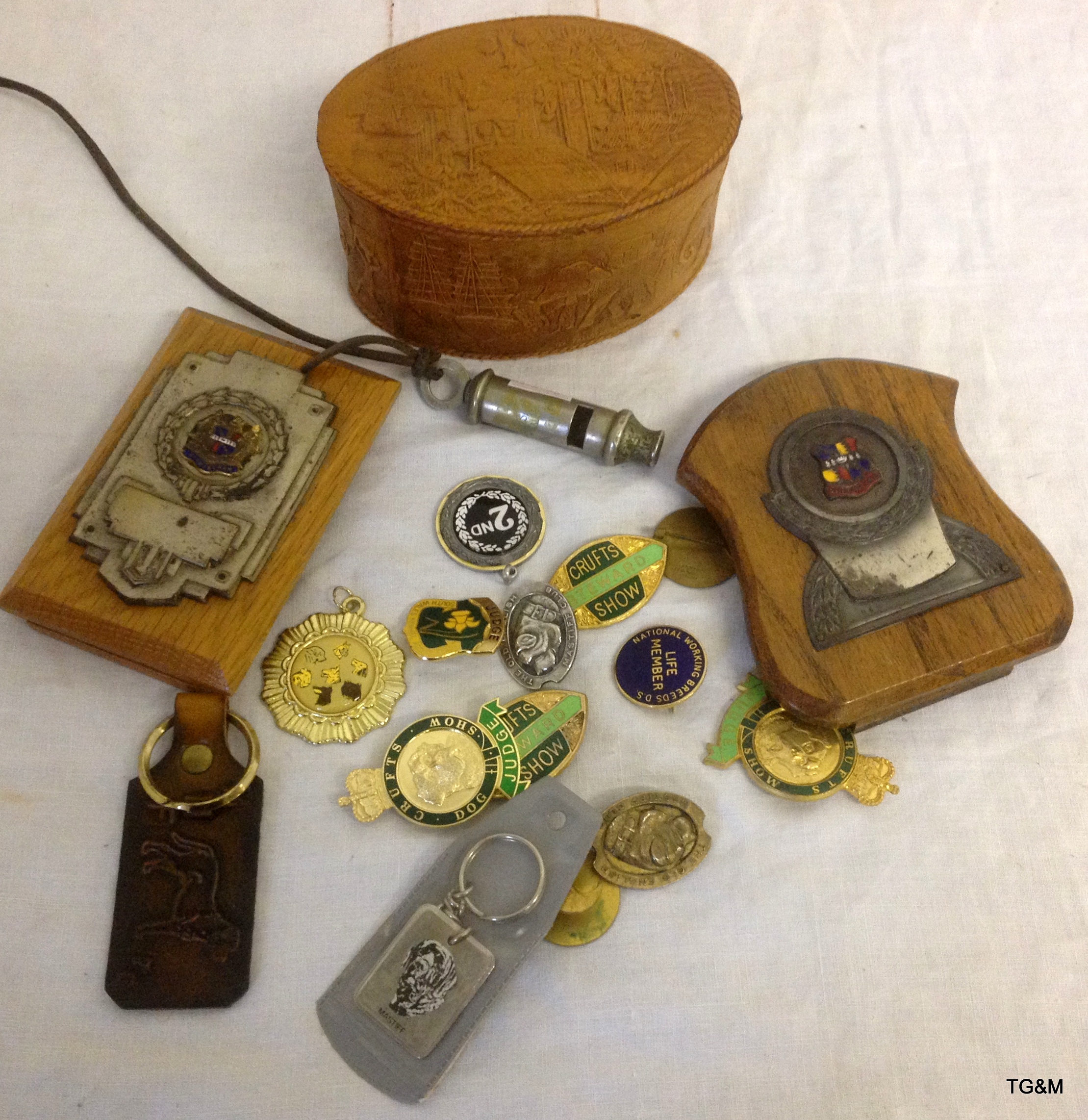 Collection of dog related items including badges, dog whistle, plaques (including silver badges)