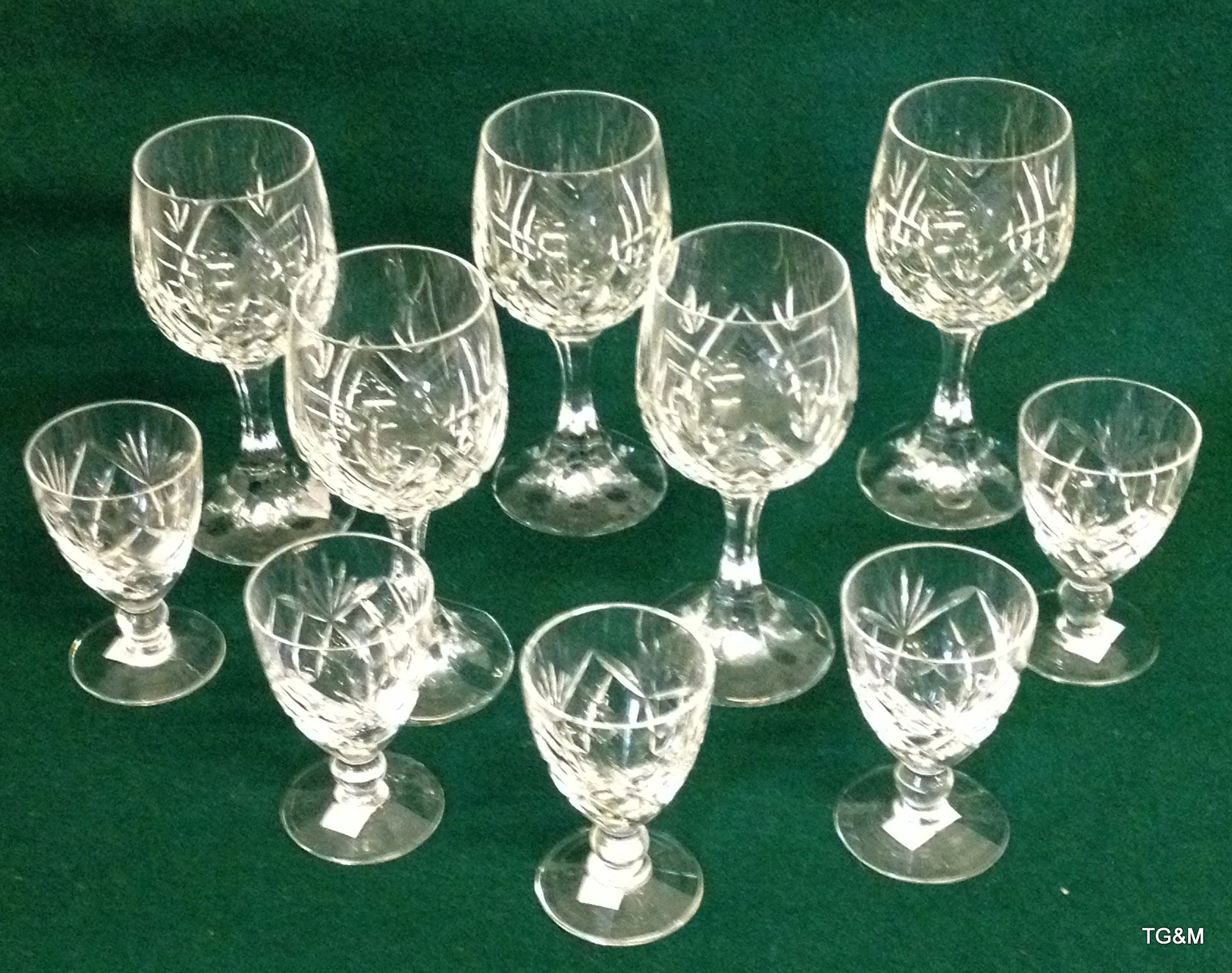 Five of each cut glass wine and sherry glasses