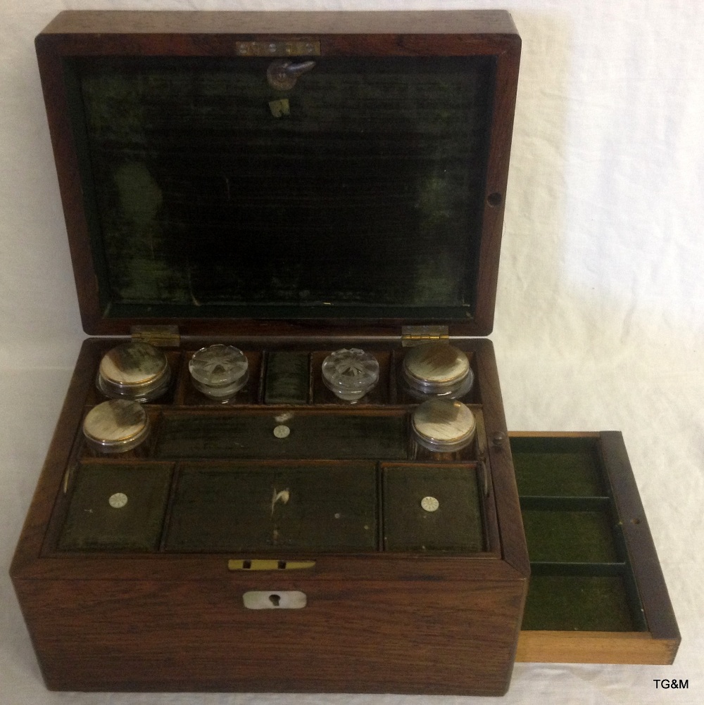 Mahogany ladies travelling jewellery box containing scent bottles and secret drawer