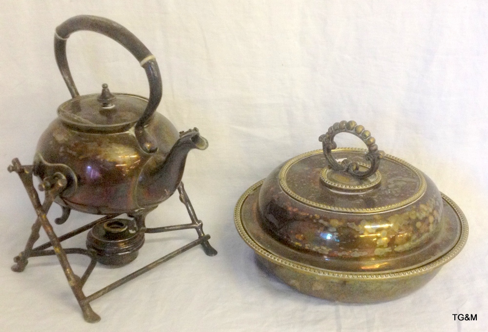 Victorian silver plated tea kettle on stand and a muffin dish