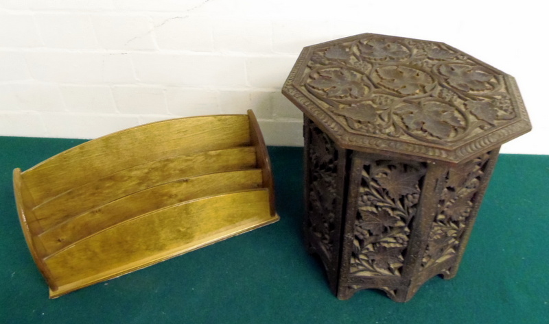 Small carved wood table and  wooden letter rack