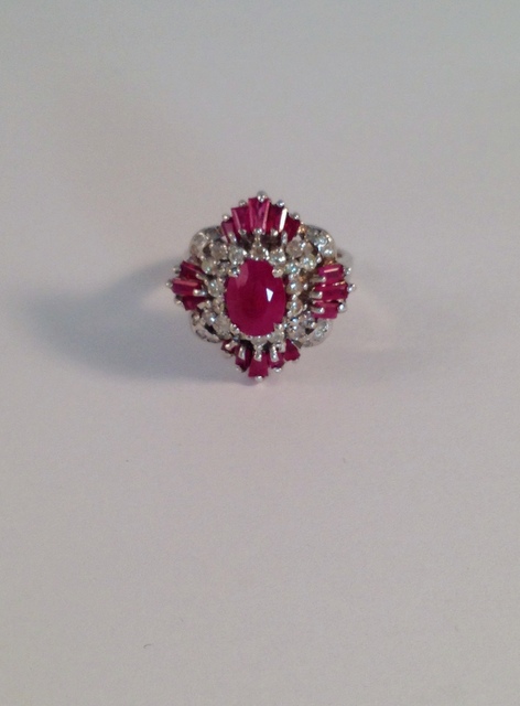 14ct white gold ruby and diamond cluster ring