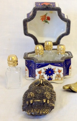 Brass vesta in the form of an owl and a miniature perfume bottle container