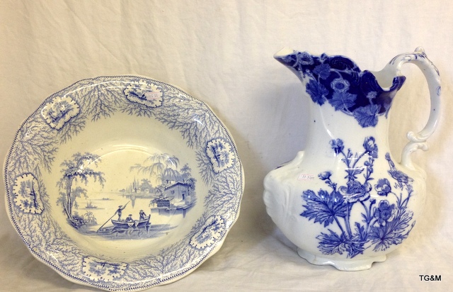 Blue and white Victorian bowl and jug