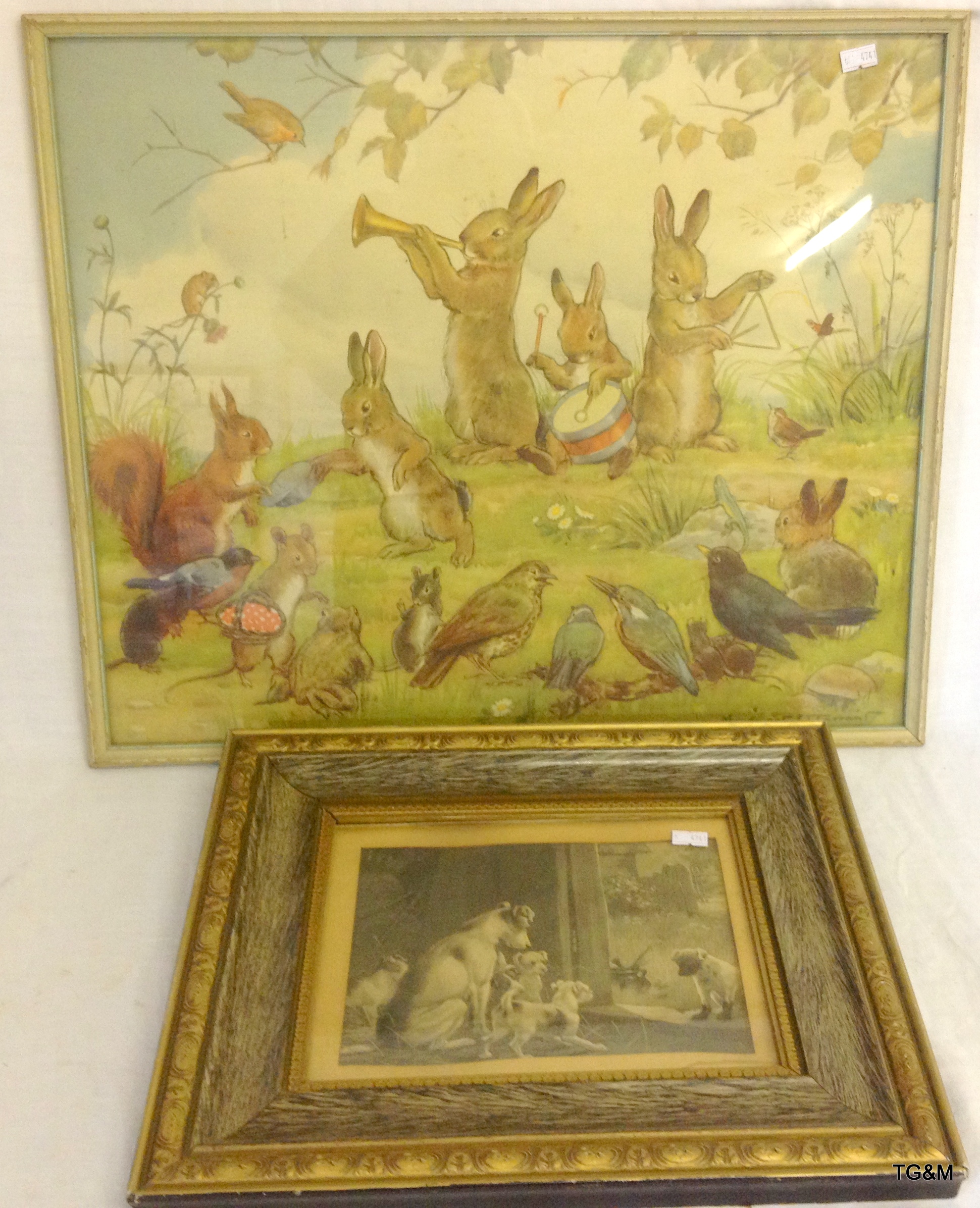Edwardian print of dogs and a print of rabbits by Margaret W Tarrant