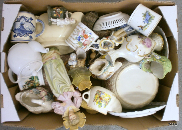 Box of china including Victorian figures