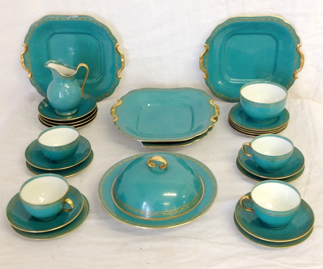 Part German tea set - green with gilded decoration C1900