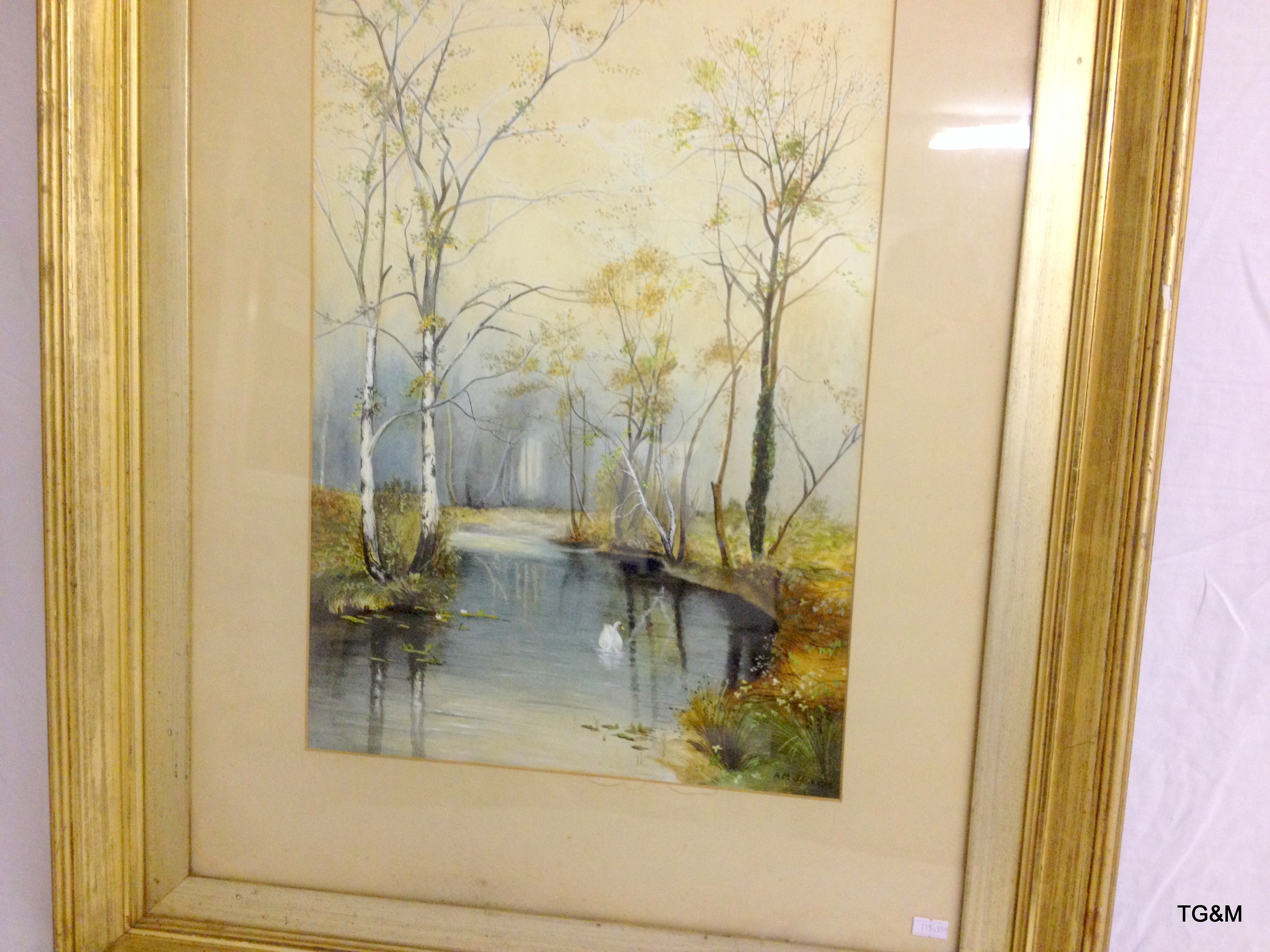 A framed watercolour of a river scene, circa 1900 by A M Jackson