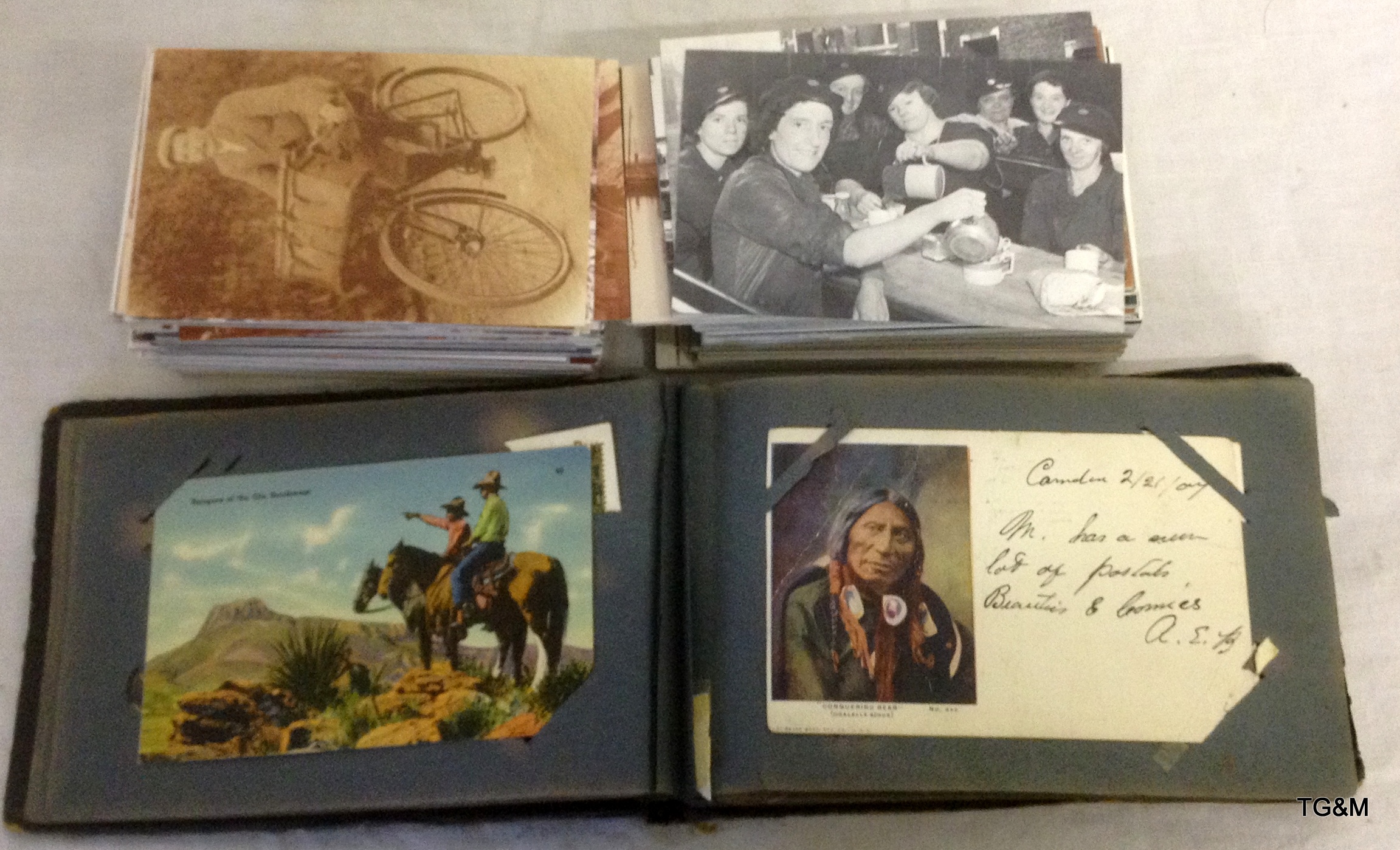 A collection of postcards to include American cowboy and Indian