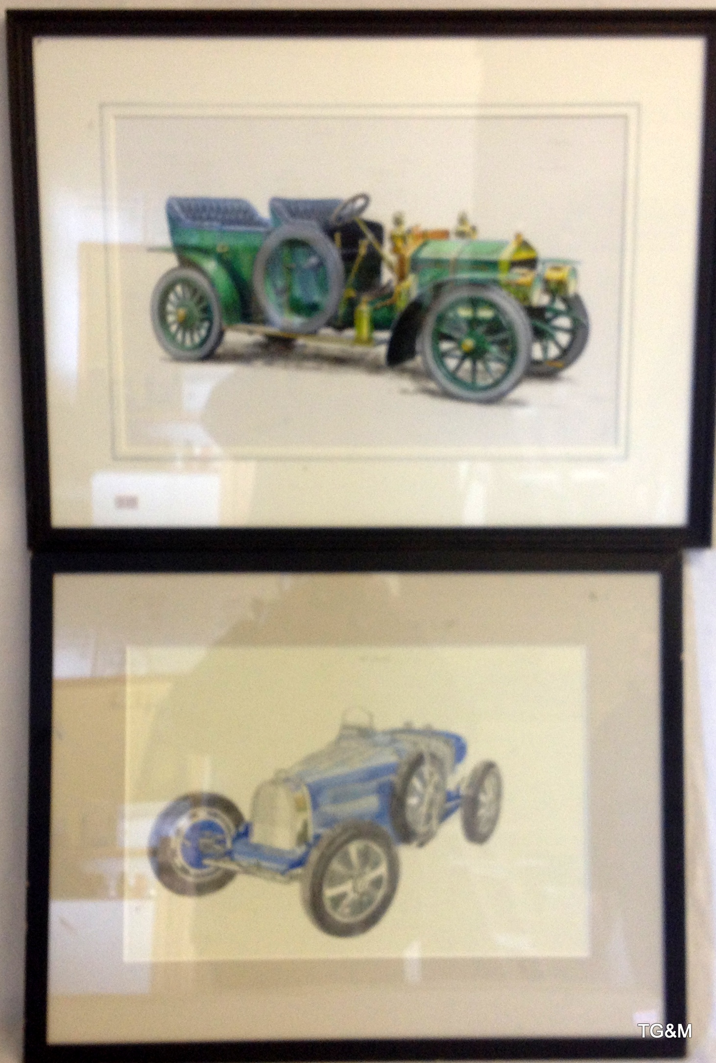 Pair of watercolours of vintage cars in the style of Alan Crisp