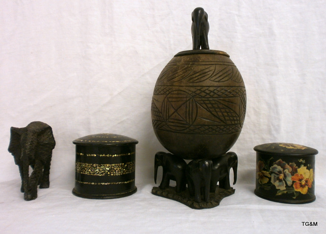 Two Victorian papier mache boxes, elephant lidded box and elephant