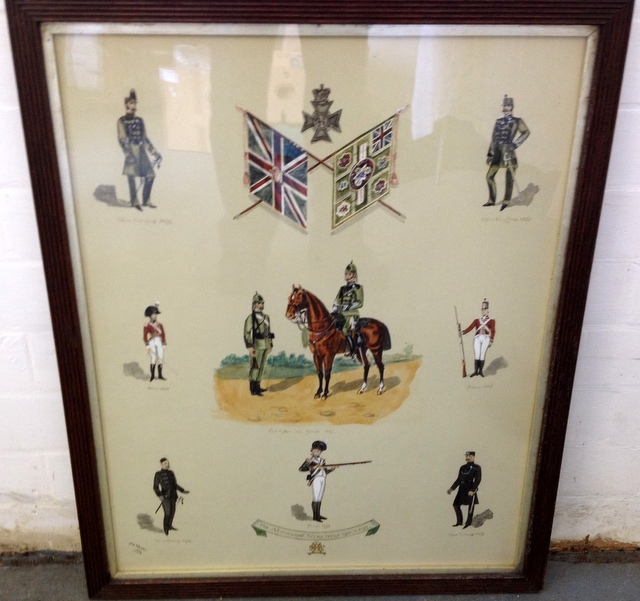 Framed watercolour depicting `The Nottingham Volunteers 1798-1892` signed by F. E Wallis 1892