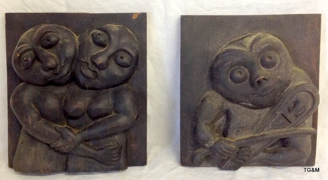 Two old oak hanging tribal carved panels