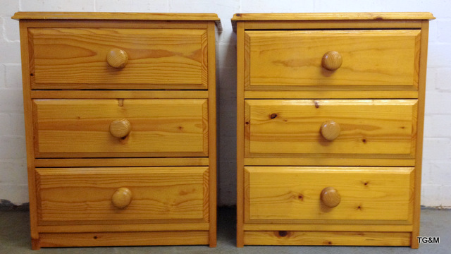 Pair of matching bedside chest of drawers in pine each with three drawers 24 x 19 x 16"