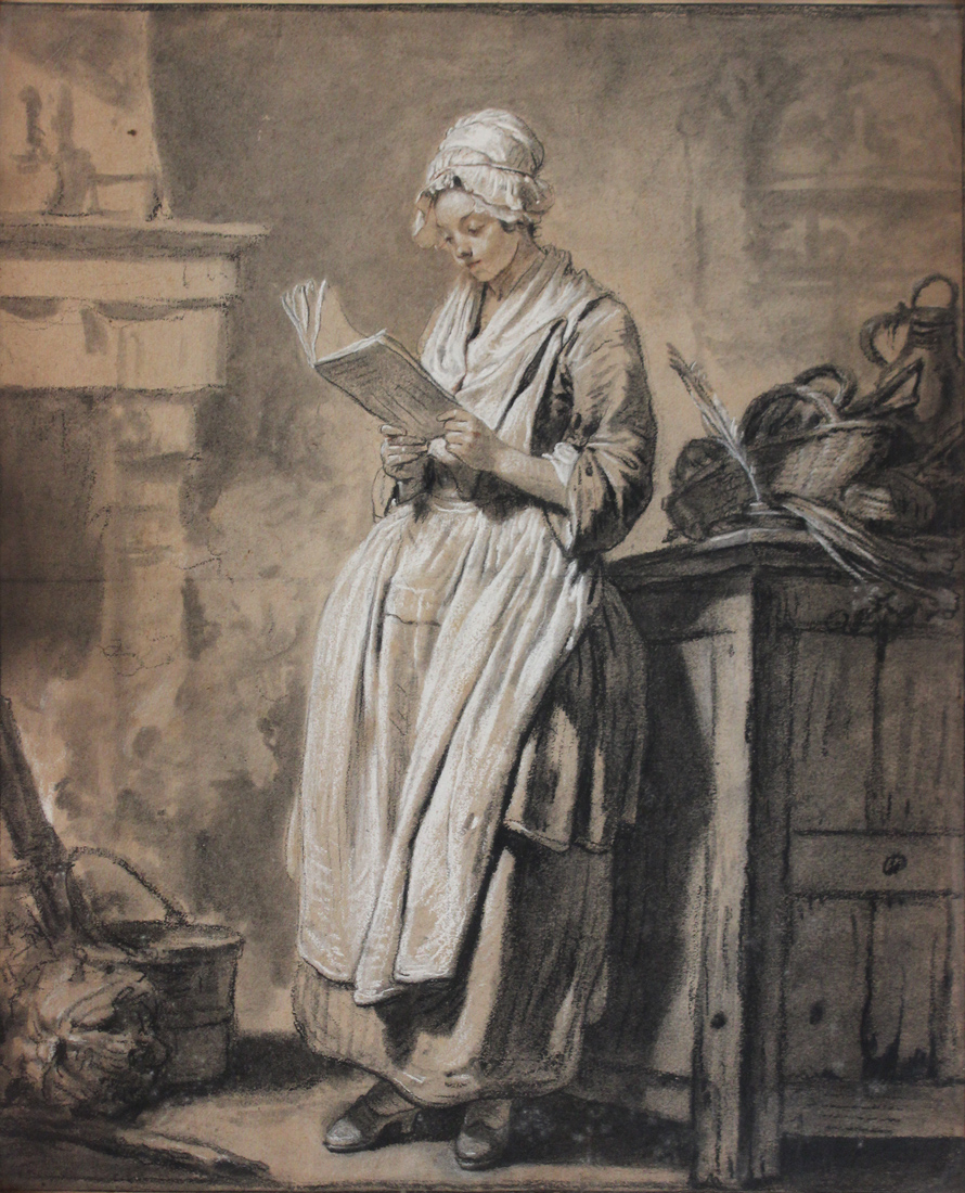 19th Century Continental School - Young Woman reading in an Interior, charcoal and chalk, approx